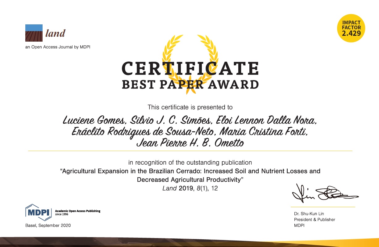 Artigo de pesquisadores do INPE recebe o Best Paper Award 2019 da revista Land